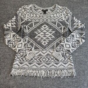 INC Intl Concepts Women's L Black White Aztec Tribal Crewneck Sweater Fringe